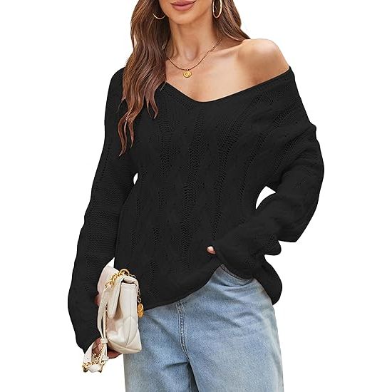 Women's Oversized Off-the-Shoulder Deep V-Neck Cable Knit Sweater