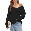 Women's Oversized Off-the-Shoulder Deep V-Neck Cable Knit Sweater