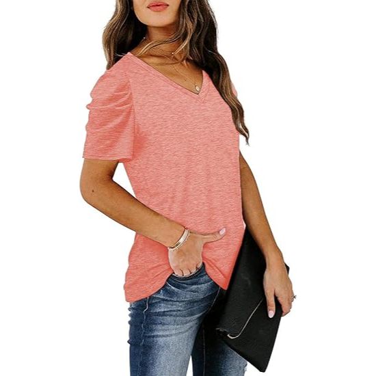 Women's Oversized Puff Sleeve V-Neck T Shirts