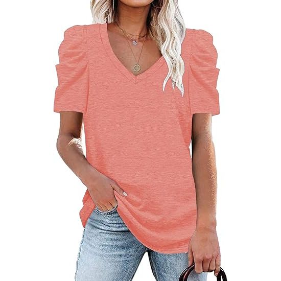Women's Oversized Puff Sleeve V-Neck T Shirts
