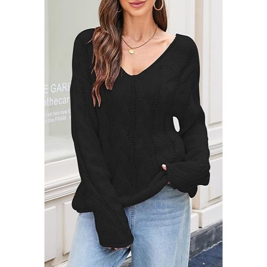 Women's Oversized Off-the-Shoulder Deep V-Neck Cable Knit Sweater