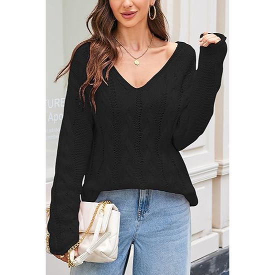 Women's Oversized Off-the-Shoulder Deep V-Neck Cable Knit Sweater